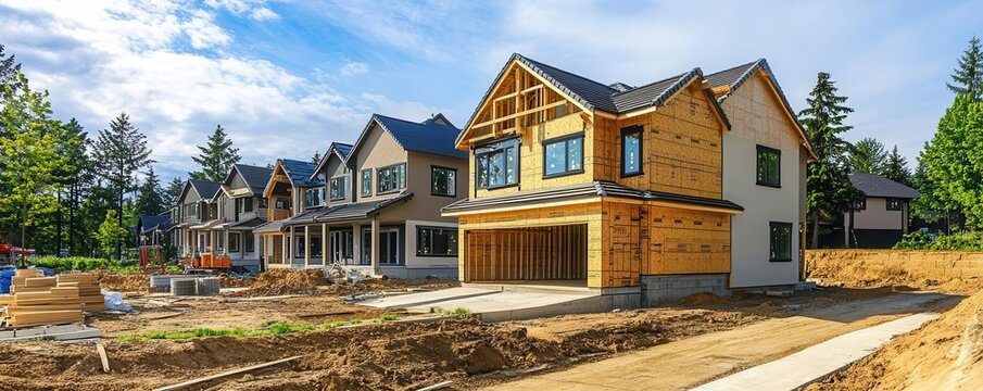 Suburban home construction, family moving in, modern design, community life, new beginnings
