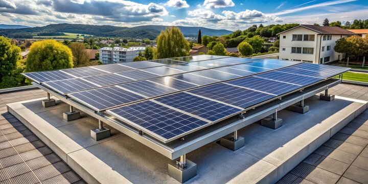 Modern solar PV power plant mounting structure installed on a flat roof, showcasing a sleek photovoltaic system for residential buildings with PVC roofing.
