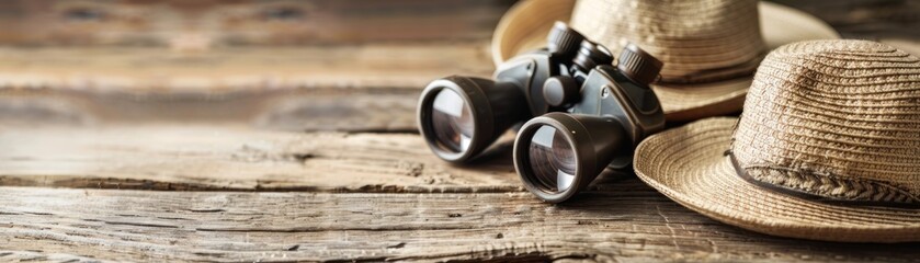 Binoculars, Hat, and Rustic Wooden Background.