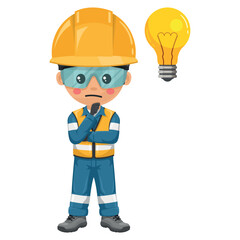 Industrial engineer expressing doubt. Focus representing an idea. Concept for the generation of ideas. Personal protective equipment. Safety first. Industrial safety and occupational health at work