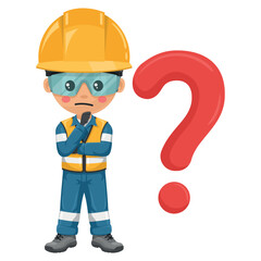 Industrial engineer pensive and expressing doubt with giant question sign for FAQ concept. Safety first. Personal protective equipment. Industrial safety and occupational health at work