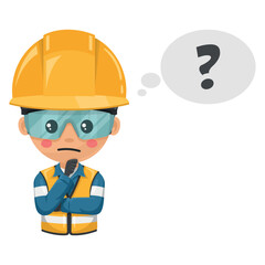 Industrial engineer thinking and expressing doubt in a new industrial project. Industrial mechanic worker with his personal protective equipment. Industrial safety and occupational health at work