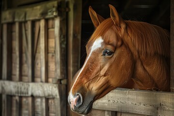 Fototapeta premium A chestnut horse with a white stripe on her nose gazes from the wooden stall