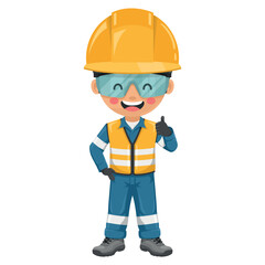 Industrial worker in blue industrial overalls with thumb up. Engineer with his personal protective equipment. Industrial safety and occupational health at work