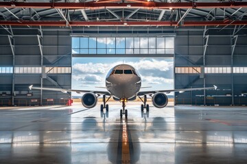 A commercial plane in a hangar with a service gate open