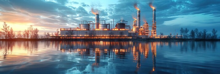 Obraz premium Industrial Plant Reflecting in Water at Sunset