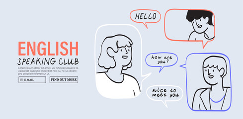 Studying foreign language online. Student speaking English in uk club and learn in internet school. Digital education, elearning concept. Line graphic vector illustration banner, social media web ad. © KPstudio