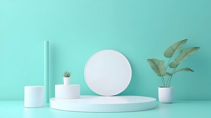 Three Dimensional White Display Tables on Minimalist Turquoise Background