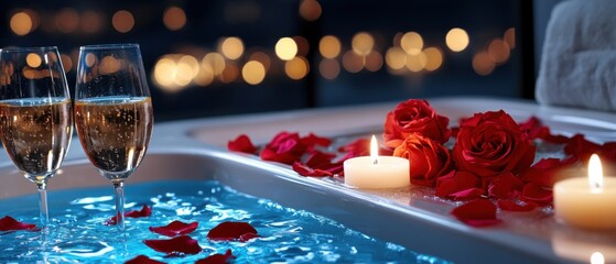 Fototapeta premium Romantic evening with glasses of champagne, rose petals, and candles beside a serene water bath, perfect for relaxation.