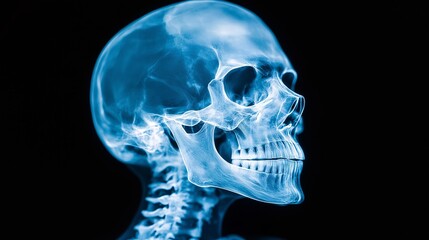 X-ray of a human skull, showcasing cranial bones and facial structure.
