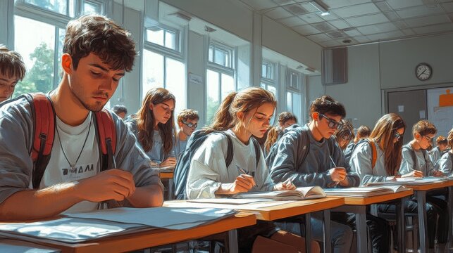 Students Engaged in a Focused Test in a Bright Classroom During Late Morning Hours