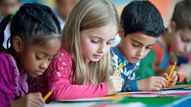 A diverse group of students engaging in an inclusive education setting, with children from various backgrounds learning together in a vibrant classroom, using a mix of traditional and digital tools