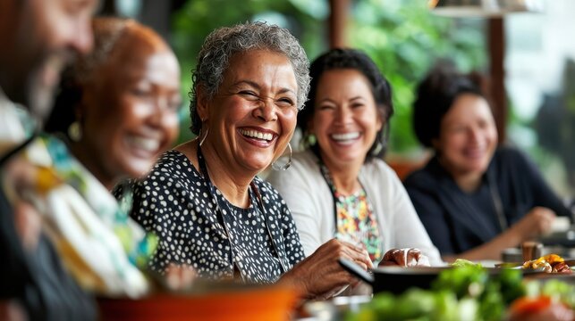 A group of middle-aged friends participating in a cooking class, laughing and learning together, illustrating the joy of adult learning and the social benefits of community education, highlighting