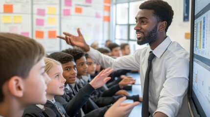 An IT lesson in a modern classroom, with students eagerly participating and a teacher explaining complex concepts on a smart board, highlighting the integration of advanced technology in education