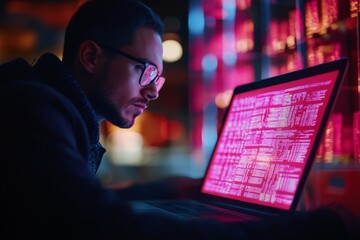 Confidential Financial Data Analysis - Businessperson Studying Redacted Documents on Laptop Screen