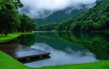 Fototapeta premium Serene lake reflecting lush greenery and mountains under a cloudy sky, creating a tranquil natural landscape.