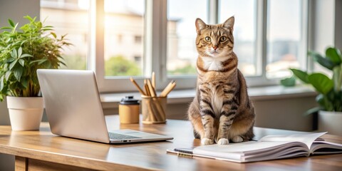 Adorable cat sits on office desk, surrounded by papers and computer, bringing joy and comfort to the workspace on a special feline-friendly day.