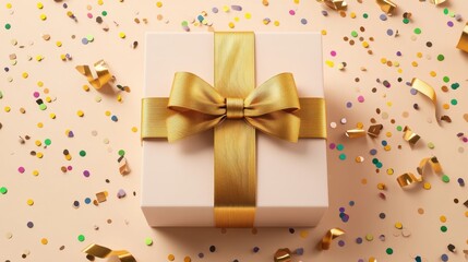 Obraz premium Gift box with a gold ribbon bow on a beige pastel background, surrounded by confetti, perfect for holiday promotions. 3D render