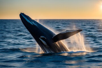 Obraz premium Humpback whale in the Pacific Ocean at sunset.