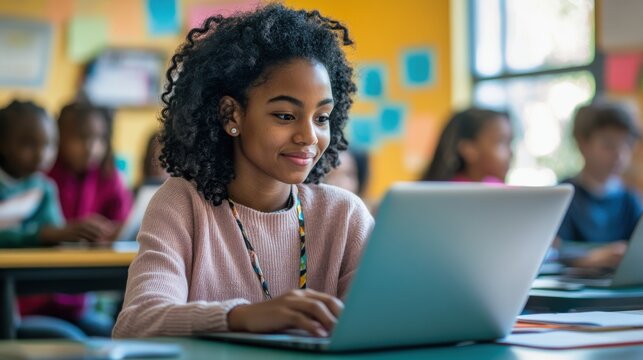A scene of a young African American teacher working online in a classroom, using a laptop to connect with students, create engaging content, and provide flexible learning opportunities, showcasing