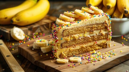 Cake with fresh banana fruit closeup view