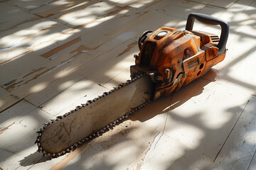 Fototapeta premium Close-up of weathered chainsaw on wooden floor in sunlight, showcasing wear and tear. Concepts of woodworking, tool maintenance, and heavy-duty equipment.