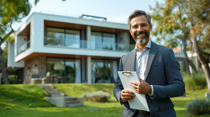 Smiling real estate agent holding clipboard in front of modern house with lush greenery. Concepts of property sales, professional services, and residential architecture.