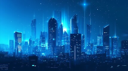 Fototapeta premium Futuristic Cityscape on Blue Background - Digital Illustration of Modern Urban Landscape with Neon Lights and Skyscrapers