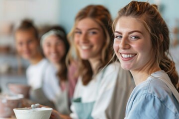 Fototapeta premium Group of young women smiling and holding pottery in a brightly lit studio. Concepts of creativity, friendship, and artistic expression.