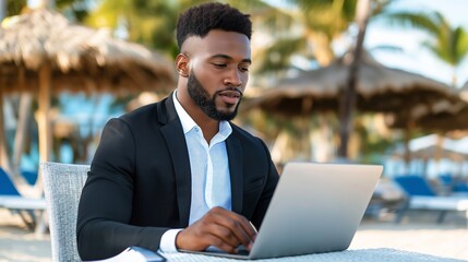 A man wearing a suit and tie is sitting at a table with a laptop in front of him. He is working on the laptop, possibly for a business meeting or project. The beach setting adds a relaxed