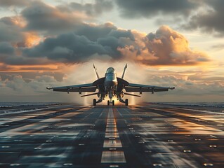 Fighter Jet Launching From Aircraft Carrier at Dramatic Sunset Sky