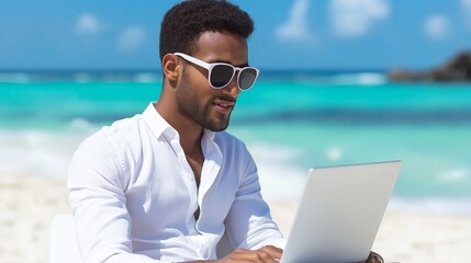 A man is sitting on the beach with a laptop open in front of him. He is wearing sunglasses and a white shirt. Concept of relaxation and leisure