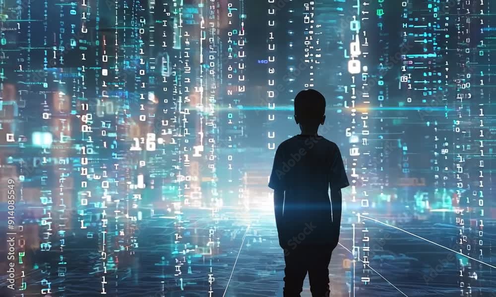 Poster boy on binary code background in digital world