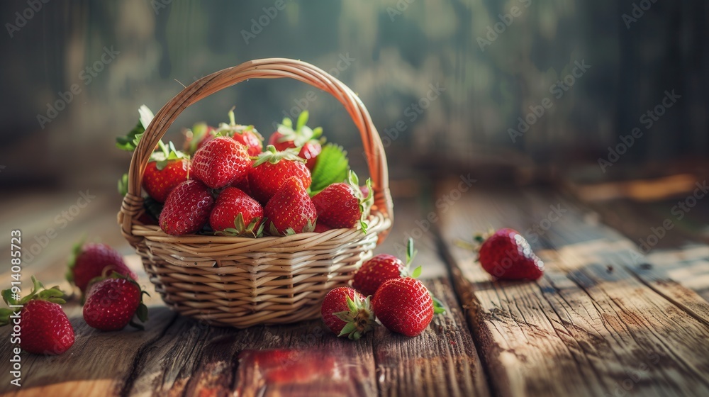 Wall mural Basket of fresh strawberry fruit on wooden table