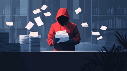 Uncovering Financial Fraud: Minimalist Flat Illustration of Fake Financial Reports on Computer Screen