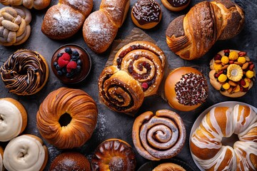 Fototapeta premium Assorted freshly baked sweet buns from above