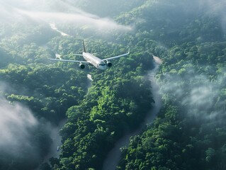 Fototapeta premium Aerial View of Lush Rainforest with an Airplane Flying Above the Dense Canopy and Winding Rivers