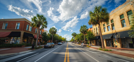 Obraz premium Sunny Day on a Vibrant Street With Palm Trees and Shops in Downtown