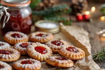 Austrian cookies with jam on paper jar of jam and fir branches in the background Festive holiday treat