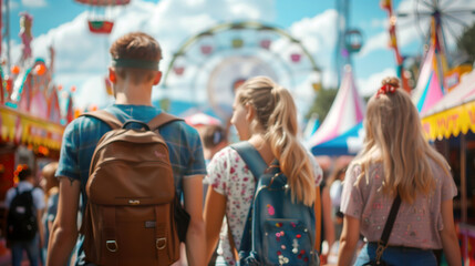 Fototapeta premium Three young friends with backpacks walking through a colorful summer carnival. Concepts of friendship, adventure, and fun experiences.