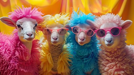 Sheep Wearing Colorful Sunglasses with colourful background.