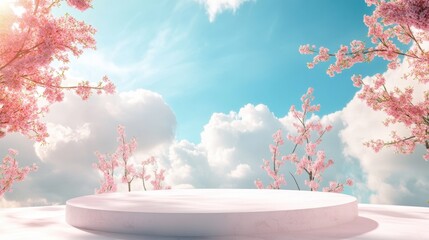 Natural beauty podium backdrop for product display with dreamy sky background. Romantic 3D scene