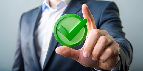 Approval and quality assurance concept represented by a hand holding a check mark icon, symbolizing top-notch service, exceptional product performance, and industry-leading certification standards.
