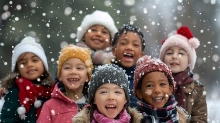 Photo of happy children from different ethnic groups celebrating Christmas in a snowy forest. ai-generated