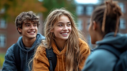 Friends Enjoying Laughter and Conversation on a School Bench in Autumn