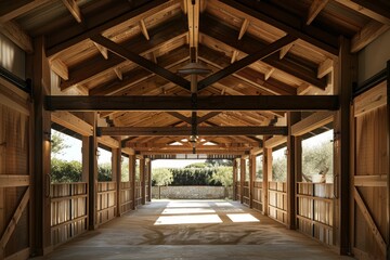 Barn with ceiling beams and outdoor view