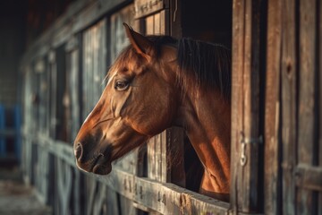 Fototapeta premium Beautiful bay horse portrait in stable during summer Equestrian lifestyle Livestock