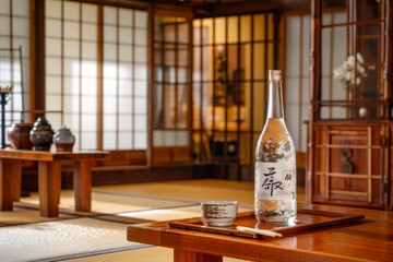 Traditional sake bottle with a decorative label, placed on a wooden table in a Japanese restaurant featuring traditional elements such as paper lanterns and wooden beams
