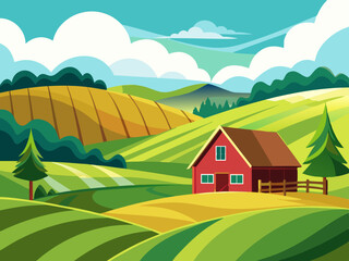 colorful illustration of rural barn house countryside scenery