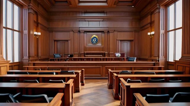 This location showcases a spacious courtroom with wooden paneling and elegant design during the afternoon hours